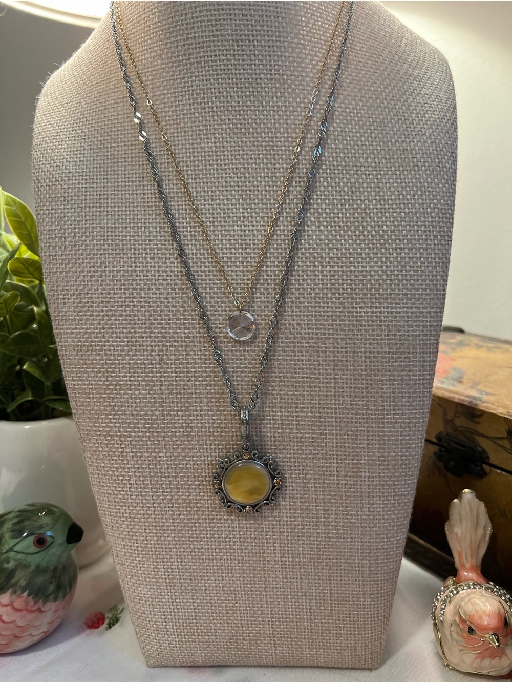 Elegant Silver and Gold Pendant with Small Crystal Necklace